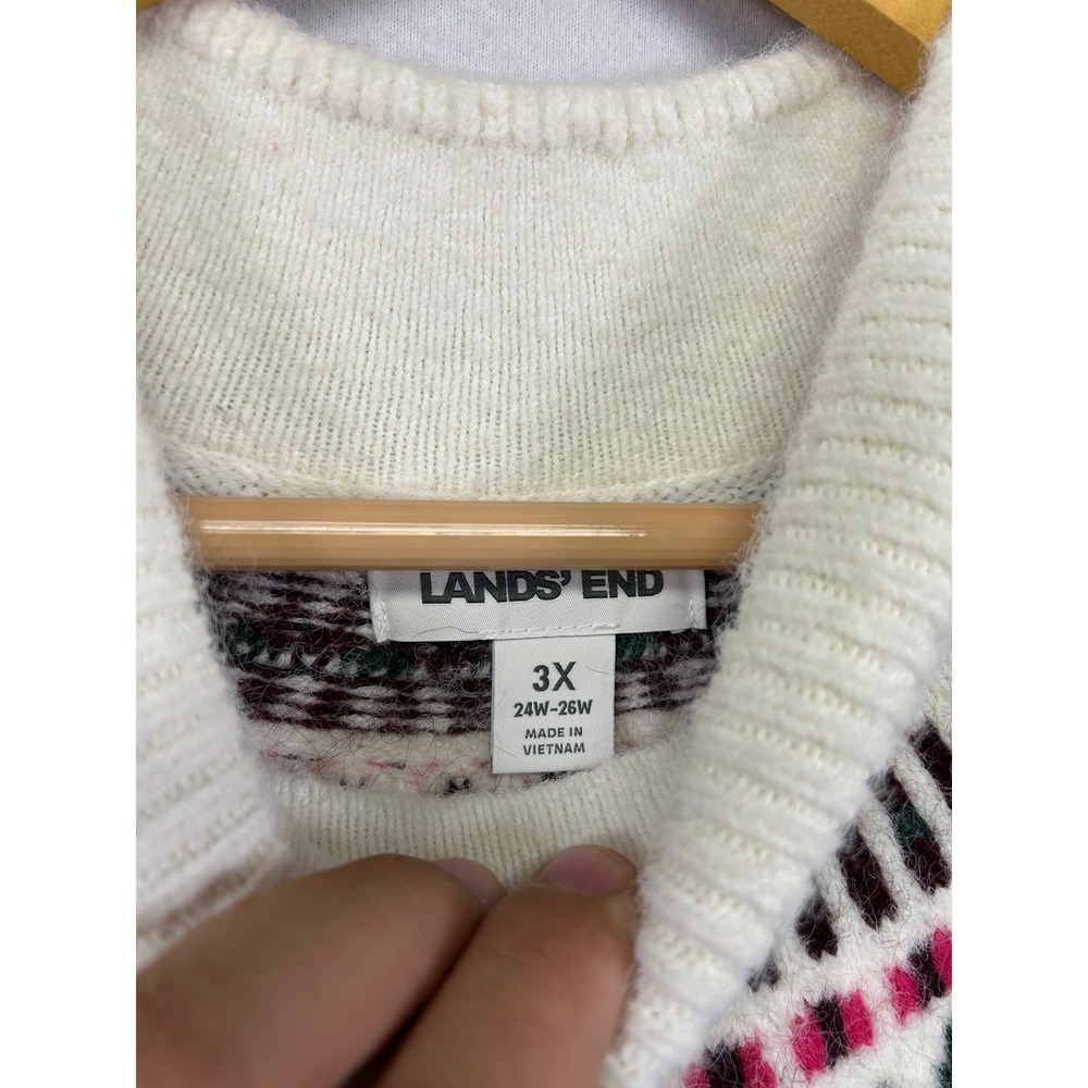 Fair Isle Cabin Lands End Womens 3X Green Mock Neck Button Cuff Sweater 9587 - Picture 3 of 9